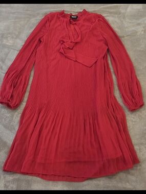 DKNY Red Pleated Tie-Neck Blouse